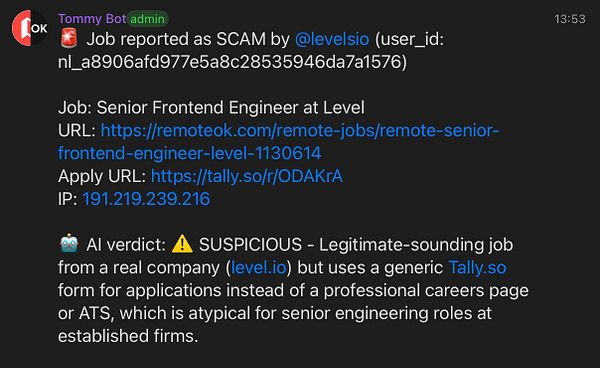 Screenshot of a job post on RemoteOK with an "Apply" button and a "Report as scam" button.