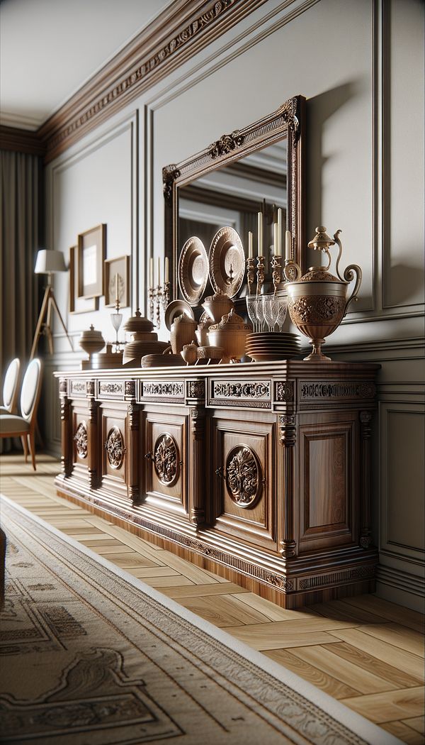 a traditional wooden buffet with intricate detailing, placed against a wall in a well-decorated dining room, with serving dishes and decorative objects on top