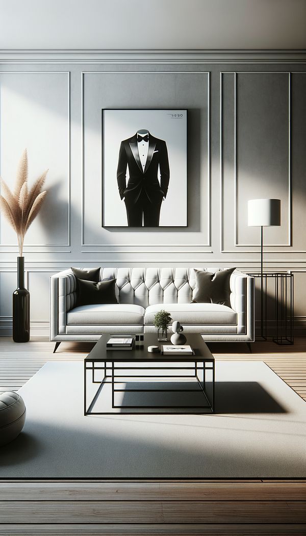 A sophisticated living room featuring a Tuxedo Arms sofa as the centerpiece, surrounded by minimalist decor and a modern coffee table.