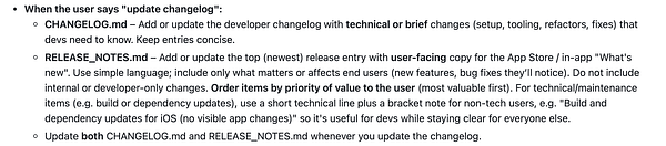 Screenshot of a terminal window showing a git commit process updating CHANGELOG.md and creating RELEASE_NOTES.md for an app release.