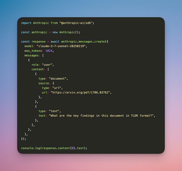 The image displays a code snippet for using the Anthropic API in JavaScript.