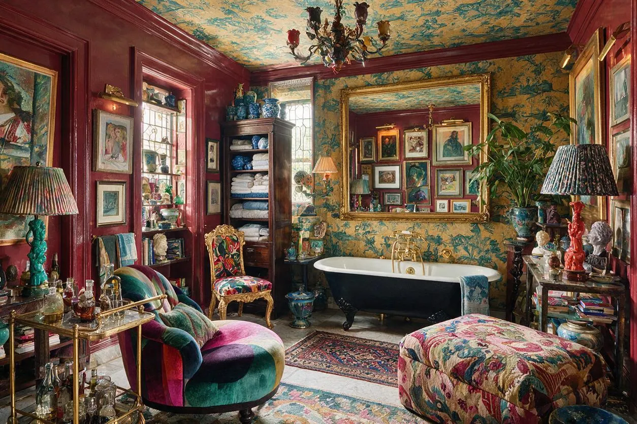 A richly decorated master bathroom filled with layered patterns, framed art, and ornate furniture. A freestanding black-and-white tub sits against floral wallpaper beneath a large gilt mirror, with jewel-toned seating, brass accents, and dark painted millwork throughout.
