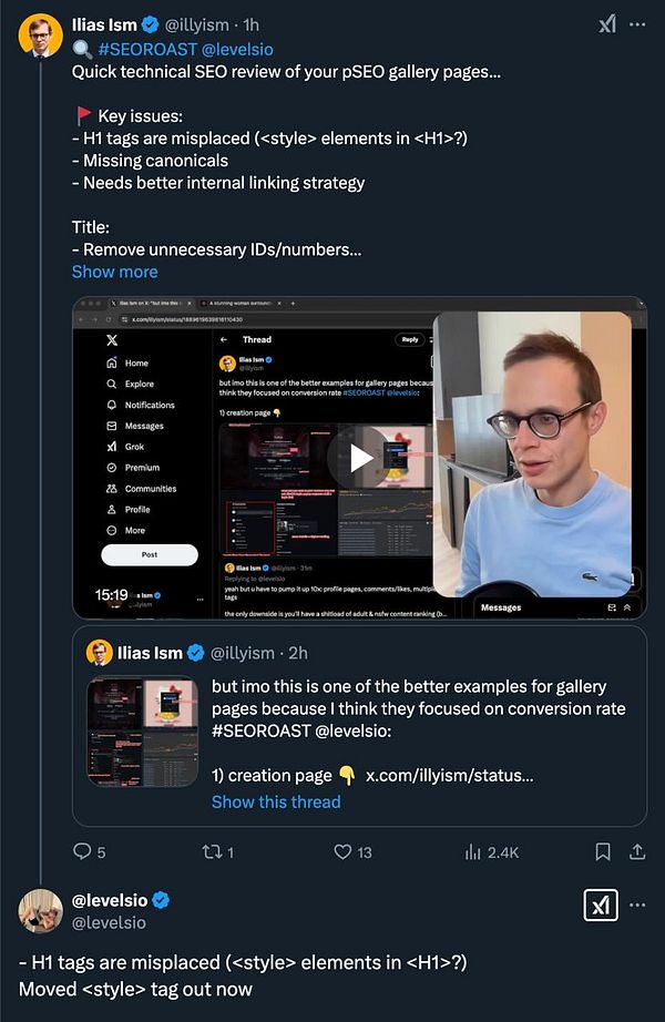 A Twitter thread discussing SEO issues related to gallery pages, featuring a video and user interactions.