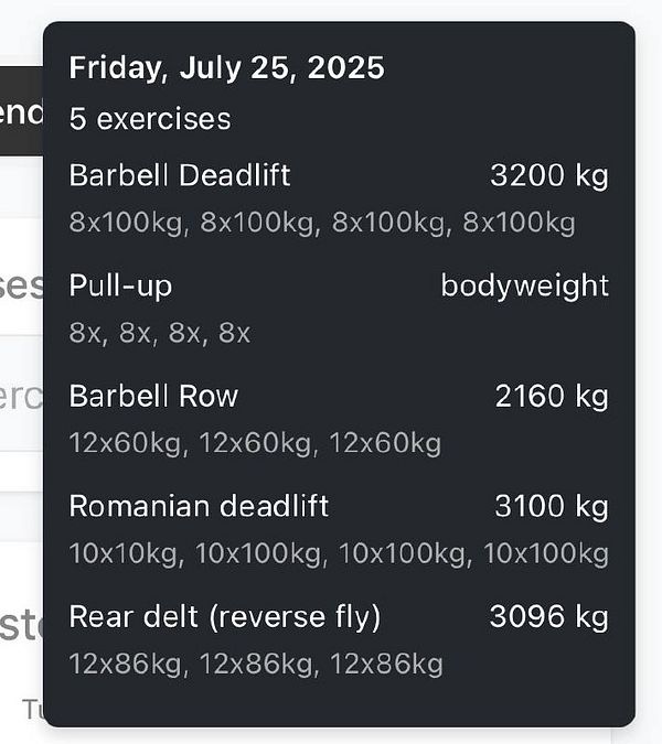 A workout log detailing exercises and weights for a gym session on July 25, 2025.