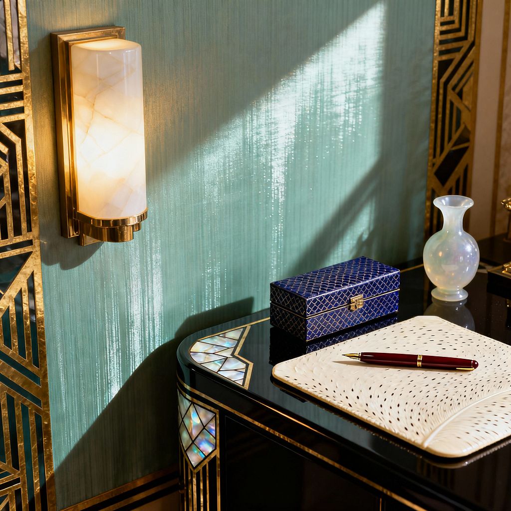 Close-up of a vintage glam home office vignette: a brass wall sconce with an alabaster shade casts warm light on a seafoam green, subtly shimmering wall. A glossy black lacquer desk edged with brass and mother-of-pearl inlay holds a textured cream desk blotter with a burgundy pen, a cobalt blue patterned box with a clasp, and a small opaline glass vase. Sunlight streaks across the surface, highlighting gold geometric trim and reflective finishes.