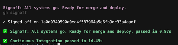 The image displays a terminal interface showing the results of a Continuous Integration (CI) process.