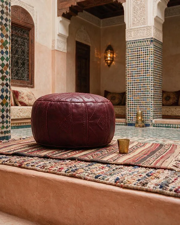 A Moroccan-style courtyard with carved arches, mosaic tile columns, and a burgundy leather pouf placed on layered patterned rugs. A small brass cup sits nearby, while warm wall lighting and cushioned seating create an inviting, intimate atmosphere.