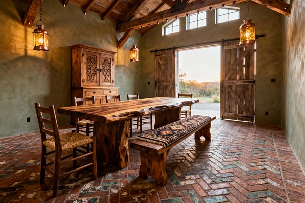 A rustic dining room features a substantial live-edge wood table on a herringbone brick floor, surrounded by ladder-back chairs and a matching bench covered with a patterned kilim. Sage green plaster walls, exposed timber rafters, sliding barn doors, and three metal-and-glass lantern pendants provide warm amber light, while clerestory windows and the open doorway frame a sunset landscape.