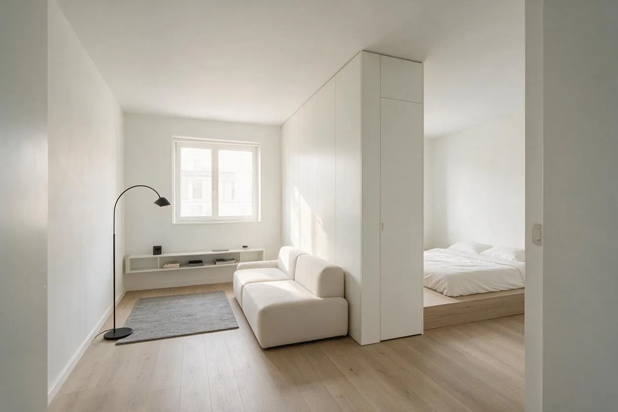 A bright minimalist studio apartment with white walls, pale wood flooring, and a compact layout. A white sofa, black arched floor lamp, low media shelf, and a small gray rug sit in the living area beside a partitioned sleeping nook with a low bed and built-in storage.