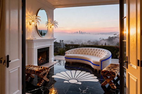 A glamorous covered patio opens to a misty hillside view at sunset. A curved, tufted cream sofa with blue LED trim sits on glossy black marble flooring featuring a large white shell inlay. Two tiger-print X-benches face a white fireplace with a black marble surround. Crystal palm tree lamps and a round brass-framed mirror rest on the mantel, while glass doors and a metal railing frame the expansive outlook.
