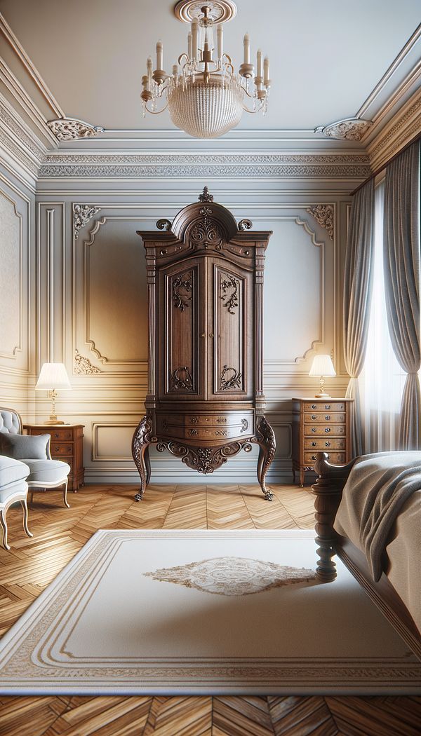 An elegant antique highboy made of dark wood with intricately carved legs, situated in a well-lit, classically decorated bedroom.