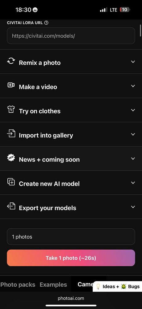 The image displays a mobile app interface for a photo AI tool with various options and a button to take a photo.