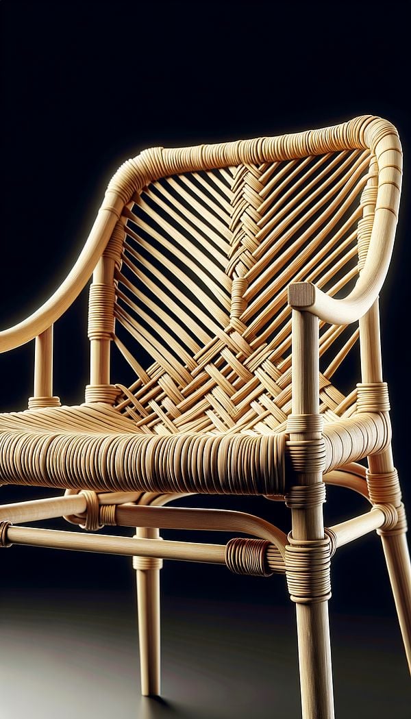 A close-up image of a chair with a woven splint seat made from reed, showcasing the intricate pattern of the weave.
