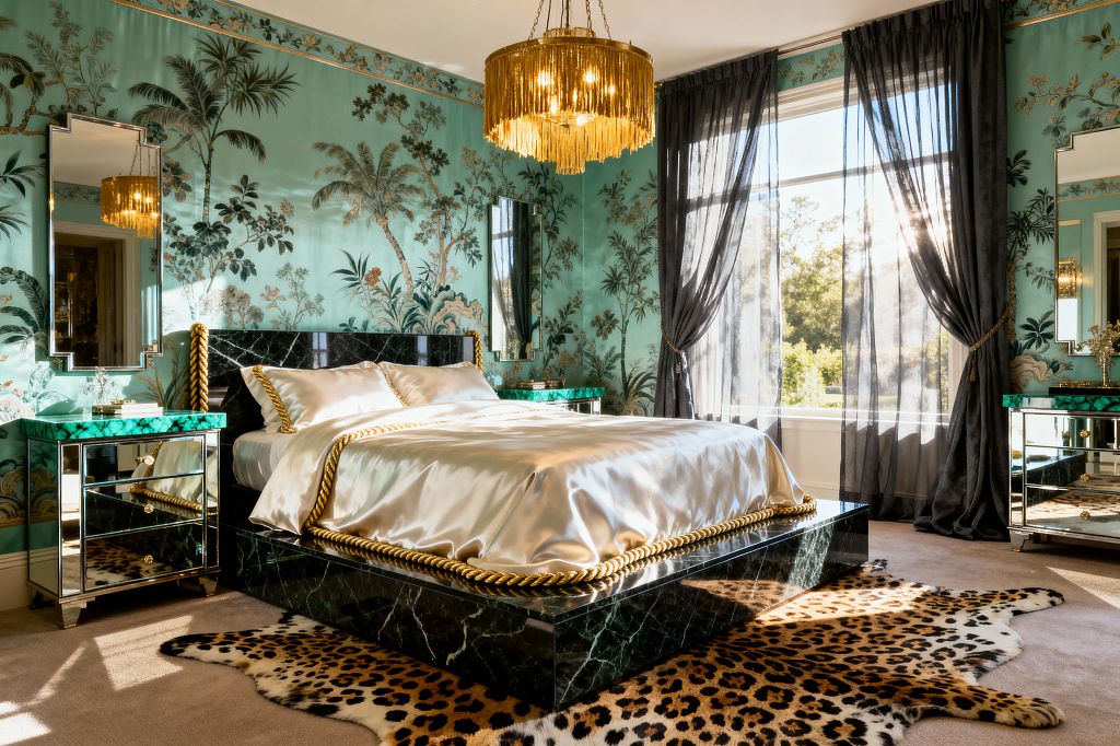 A glamorous bedroom showcases aqua chinoiserie wallpaper, an emerald marble platform bed with a dark green, veined headboard, and champagne satin bedding trimmed in thick gold rope. Mirrored nightstands with malachite tops sit below stepped Art Deco mirrors and gold fringe pendant lights, while a tiered gold chandelier hangs above. Sheer charcoal curtains frame a large sunlit window, and a leopard-print hide rug layers over beige carpet for a bold Hollywood Regency look.