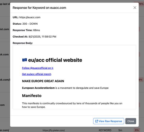 The image displays a response viewer for the website euacc.com, indicating its status and additional information.