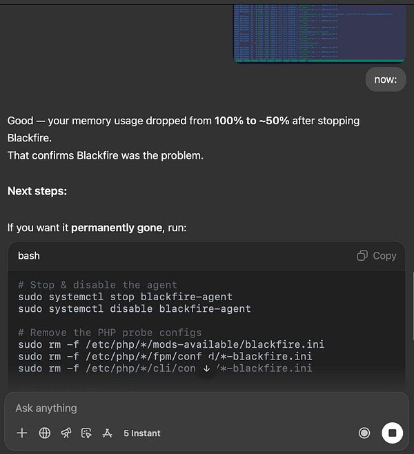 The image displays a terminal interface showing commands related to disabling the Blackfire performance monitoring tool.