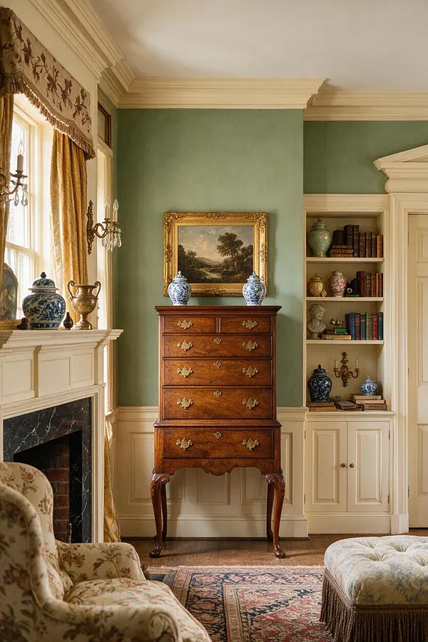 A traditional living room centered on a tall walnut chest of drawers with curved legs and ornate brass pulls. The chest sits against sage green walls between built-in shelves and a fireplace, with blue-and-white porcelain vases, framed art, and classic drapery completing the elegant, period-inspired setting.