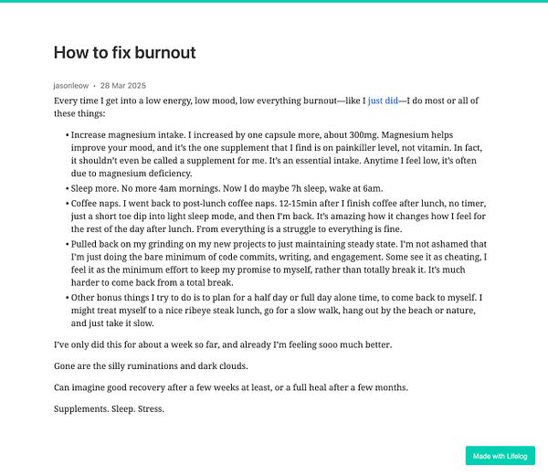 A personal reflection on strategies to combat burnout, detailing various lifestyle changes and practices.