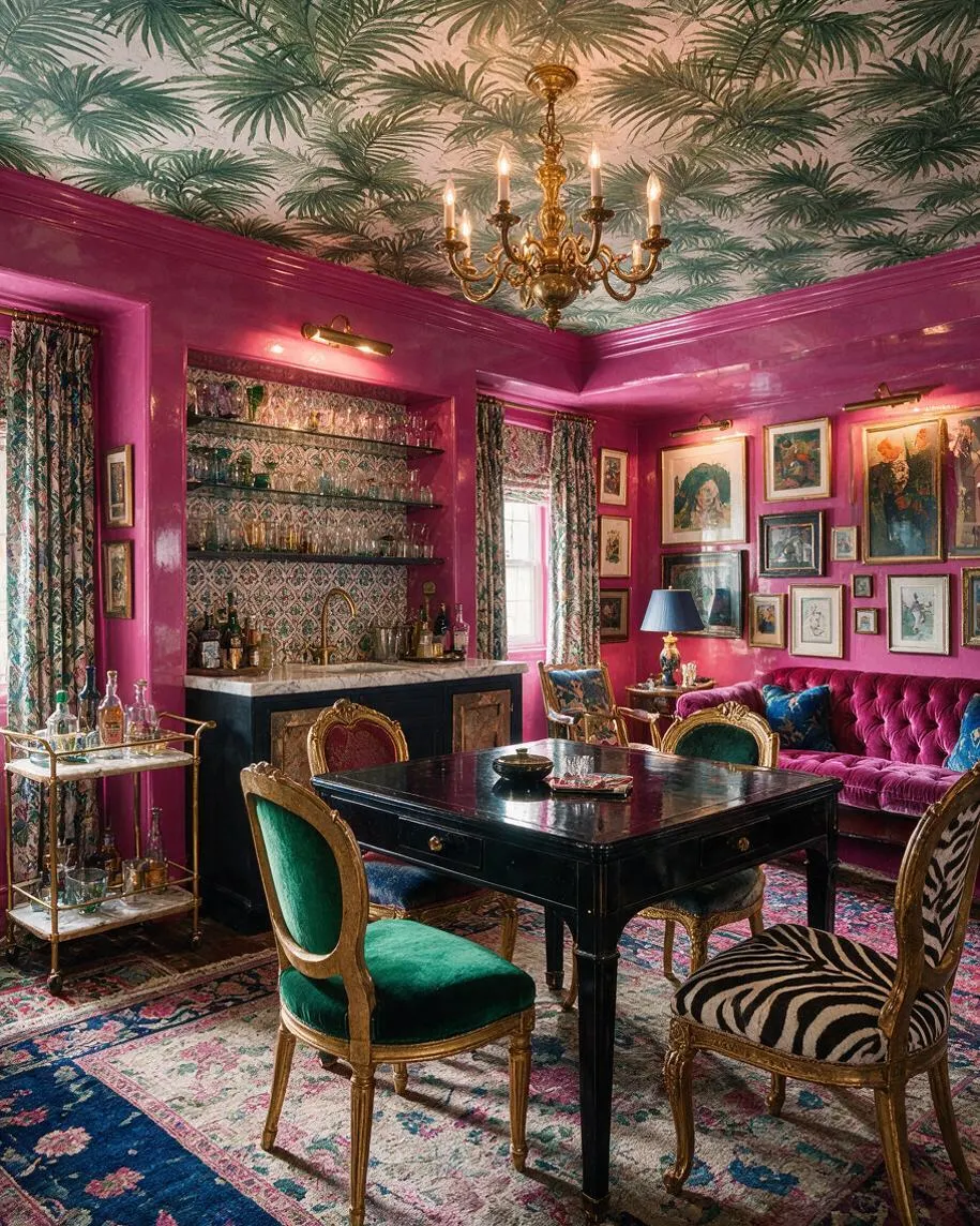 A dramatic basement lounge filled with jewel tones and layered patterns, featuring magenta walls, a palm-print ceiling wallpaper, a gold chandelier, and a black central table. Velvet seating, zebra upholstery, framed artwork, mirrored bar shelving, and patterned curtains create a richly decorated maximalist space.