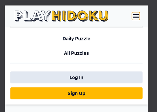 The image displays a mobile navigation menu for the game Hidoku.