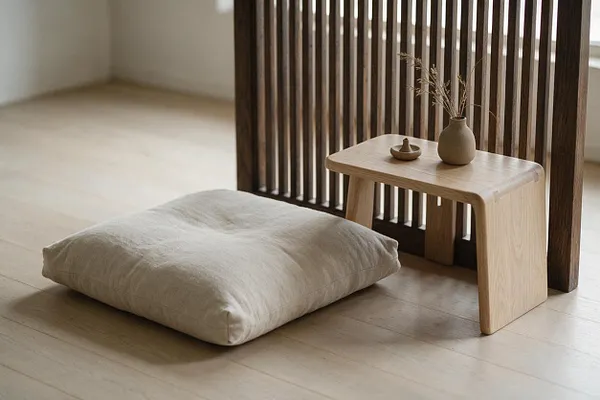 A minimalist Japandi vignette features a low upholstered floor cushion beside a small natural wood bench holding a tiny vase and dish. Behind it, dark vertical wooden slats create a calm screen against pale wood flooring and soft neutral walls.