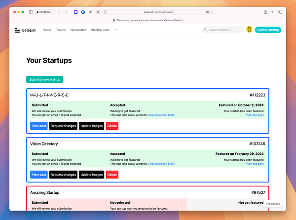The image displays a submission dashboard for startups on the BetaList platform.