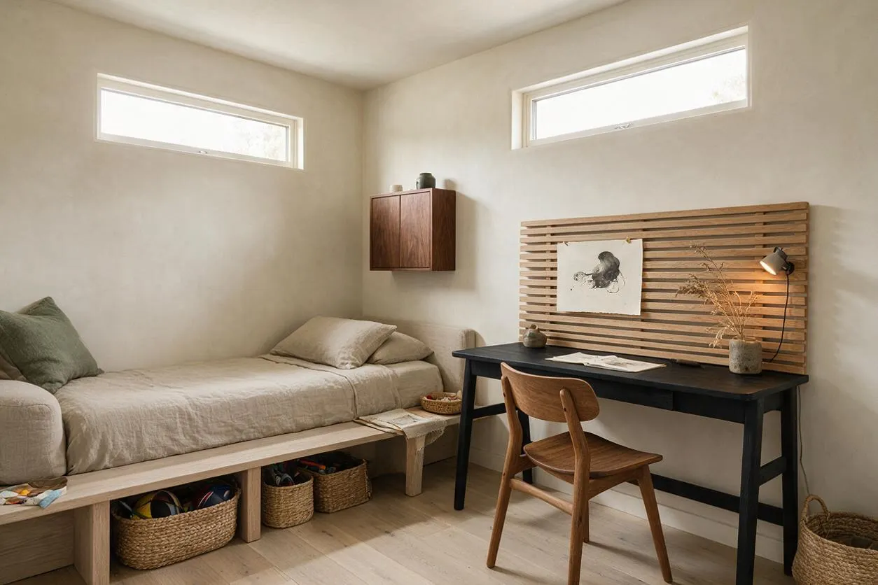 A calm kids' room in Japandi style with a low daybed dressed in beige linen, woven storage baskets underneath, and a black writing desk paired with a wooden chair. A slatted wood wall panel with a small artwork and task lamp adds warmth, while soft cream walls and narrow horizontal windows keep the space bright and minimal.
