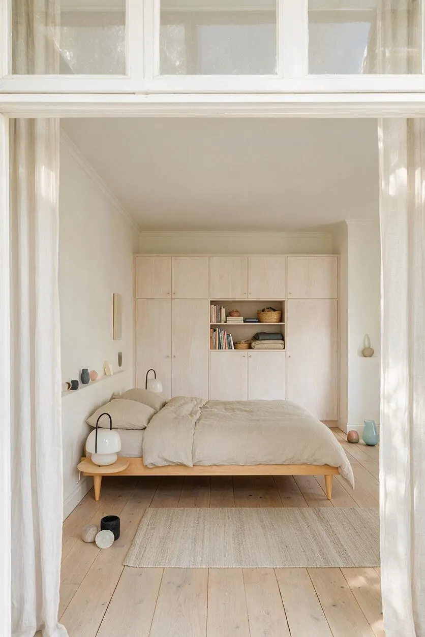 A serene Scandinavian master bedroom with a low light-wood platform bed, beige bedding, and sheer curtains framing the view. A wall of pale built-in cabinets with open shelves provides storage and books, while light oak floors and a neutral rug reinforce the calm, minimalist feel.