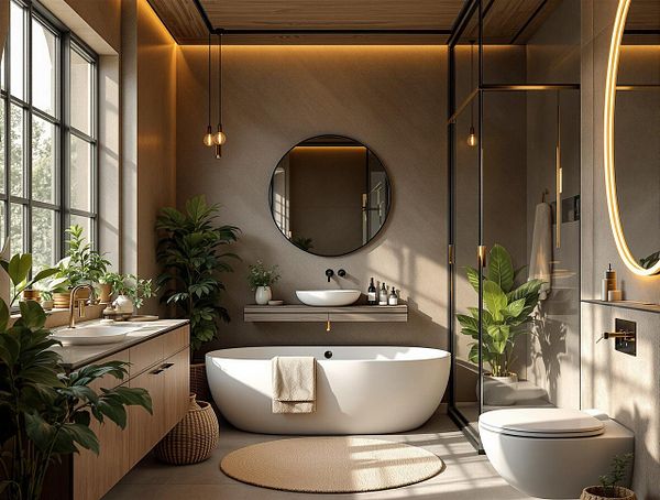 A modern bathroom featuring elegant design elements and natural light.