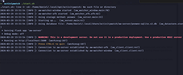 Screenshot of the ActivityWatch application interface showing a debug log and workspace selection popup.