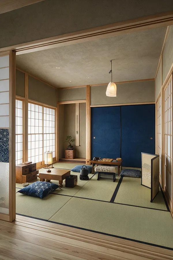 A Japanese Zen-style game room with tatami mats, sliding shoji and blue fabric doors, a low wooden table, floor cushions, and a small pendant light. Natural wood trim, a subtle earth-toned palette, and minimal decor create a calm, traditional atmosphere.