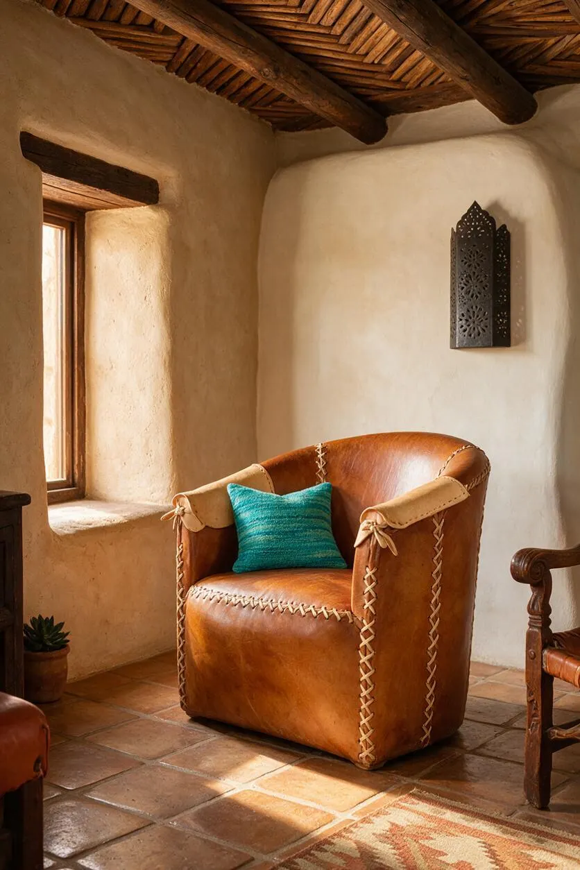A rustic Southwestern-style room features a warm brown leather club chair with decorative lace stitching and rolled arms, centered on terracotta tile flooring. The chair holds a turquoise cushion, and the room includes adobe walls, a wood-framed window, exposed timber ceiling beams, and an ornate dark wall lantern.