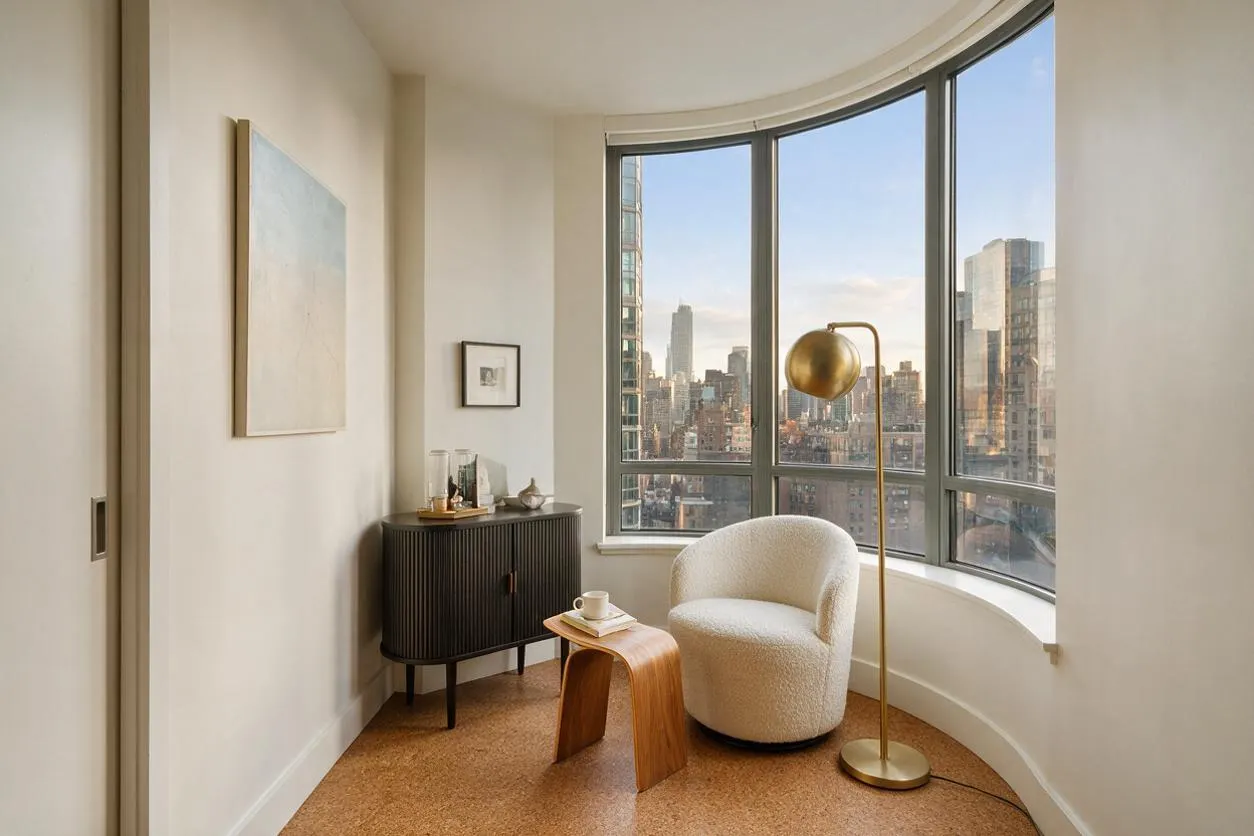 A modern sunroom with a curved wall of floor-to-ceiling windows overlooking a city skyline. The space includes a cream boucle chair, a sculptural wood side table, a brass floor lamp, and a dark ribbed cabinet against soft neutral walls.