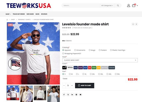 A product page for a t-shirt featuring the phrase 'Founder Mode' with a model wearing it against a patriotic background.