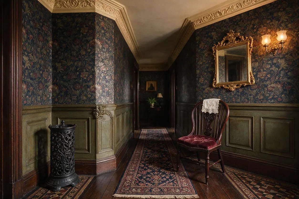 A narrow Victorian hallway with dark floral wallpaper, olive green paneled wainscoting, and rich wood flooring. An ornate gold-framed mirror, brass wall sconce, carved wooden chair with burgundy velvet upholstery, and decorative rugs create a formal, antique atmosphere.