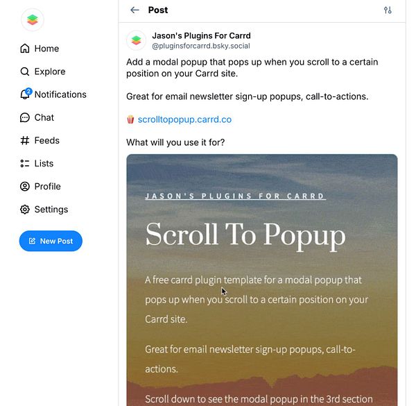 A social media post promoting a scroll-to-popup plugin for Carrd.