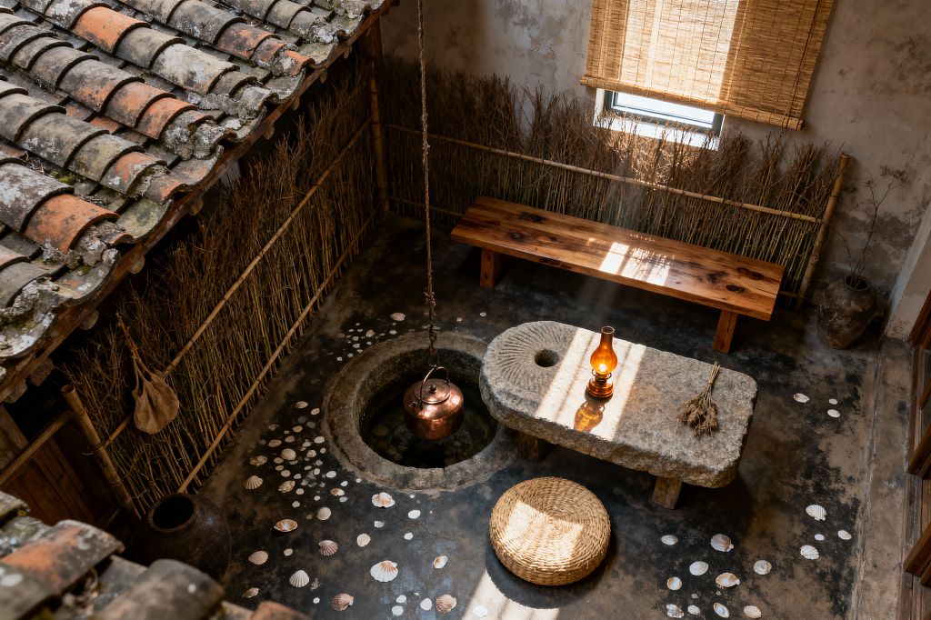 Overhead view of a small wabi-sabi courtyard patio with weathered textures: a moss-flecked terracotta-tile roof, reed-and-bamboo fencing, and rough plaster walls. A rough stone table holds an amber oil lamp beside dried stems; a circular stone well or fire pit suspends a copper kettle on a chain, a low solid-wood bench sits under a rolled bamboo shade, seashells scatter across worn concrete, and a round woven straw cushion rests in a sunbeam.