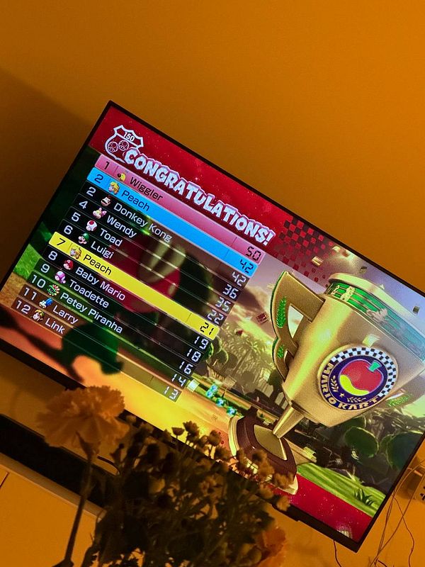 The image displays a Mario Kart game results screen celebrating a victory.