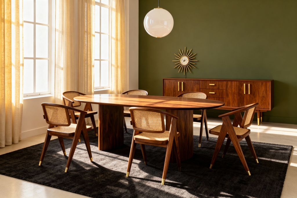 A Mid-Century Modern dining room features an oval walnut table on twin pedestal bases surrounded by walnut armchairs with woven cane seats and backs, all set on a charcoal rug. An olive green accent wall holds a long walnut credenza with brass pulls and tapered legs beneath a brass sunburst clock, while a white globe pendant hangs above and tall windows with ivory linen sheers flood the light-toned floor and walls with warm natural light.