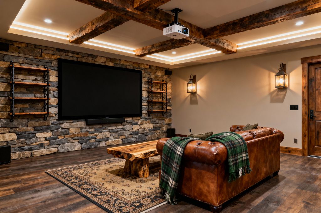 A rustic media room features a stacked-stone feature wall with a large wall-mounted screen and slim soundbar, flanked by wood shelves on black metal supports. Exposed timber beams span a ceiling with warm cove and recessed lighting, and a ceiling-mounted projector hangs above. A cognac leather Chesterfield sofa with green plaid throws faces a live-edge wood coffee table on a patterned rug, with lantern-style sconces, dark hardwood floors, and wood trim creating a cozy, cabin-like atmosphere.