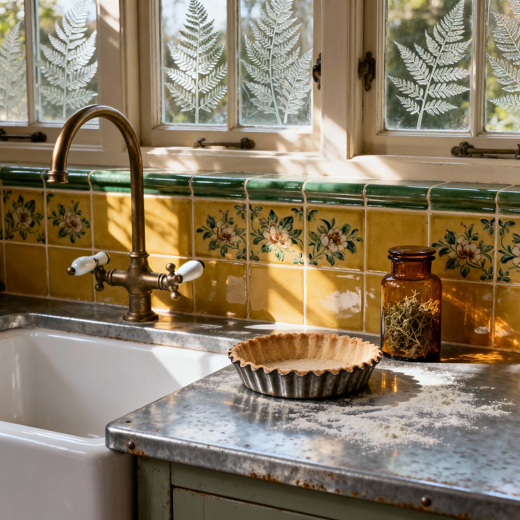 A close-up of a Victorian-style kitchen sink area shows a white apron-front sink with a patinated brass bridge faucet and porcelain levers. The backsplash is lined with mustard-yellow glazed ceramic tiles hand-painted with small floral motifs and finished with a deep green cap tile. Sunlight filters through cream-painted windows featuring etched fern designs, casting shadows across a mottled zinc countertop holding a fluted tin tart pan and an amber glass jar of dried herbs.