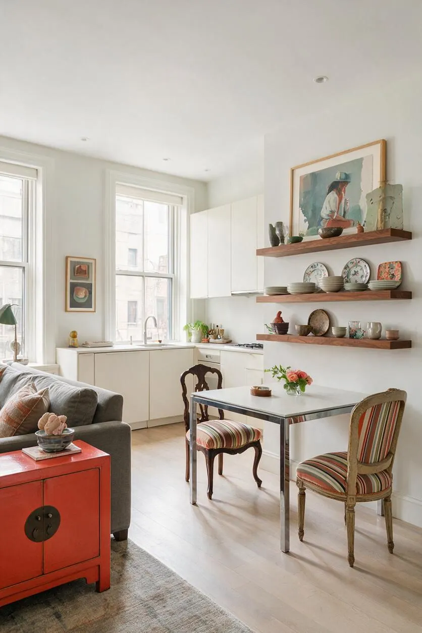 A bright studio apartment combines a compact kitchen and dining nook with eclectic vintage furnishings. White cabinetry, floating wood shelves, a small square table, and mismatched upholstered chairs sit beside large windows, while colorful artwork, ceramics, and a red cabinet add character.