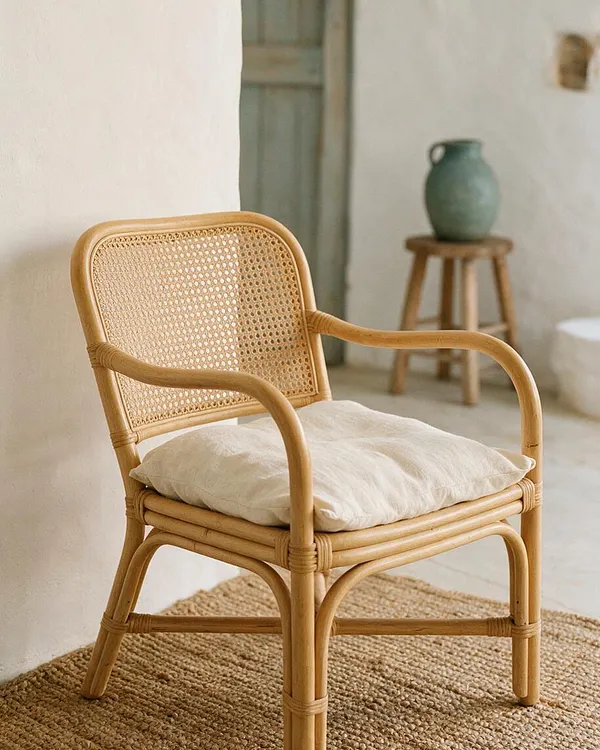 A coastal-style accent chair with a natural rattan frame and woven cane back sits on a textured jute rug. The chair is topped with a soft cream seat cushion, and the room features pale plaster walls, a muted blue-green door, and a small stool with a green ceramic vase in the background.