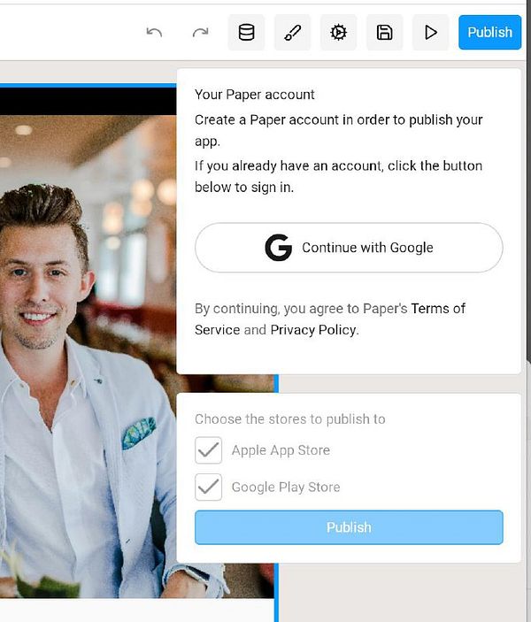 The image displays a user interface for publishing a mobile app, featuring a user account prompt and store selection options.