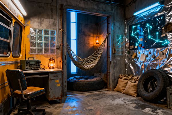 A kids’ room styled like a survival bunker features distressed concrete walls, a salvaged yellow bus panel, and a rusted metal desk holding a vintage radio and lantern. A rope hammock hangs near a tire-framed floor cushion; glass blocks and exposed pipes shape the doorway, while reflective foil and a neon constellation board glow under blue tube lights, contrasted by warm lanterns, burlap sacks, and a spare tire on the floor.