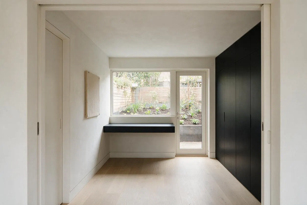 A minimalist backyard room with white walls, light wood flooring, and a large window and glass door opening to a small landscaped garden. A slim black built-in desk or shelf sits beneath the window, and a full-height matte black cabinet wall lines the right side.