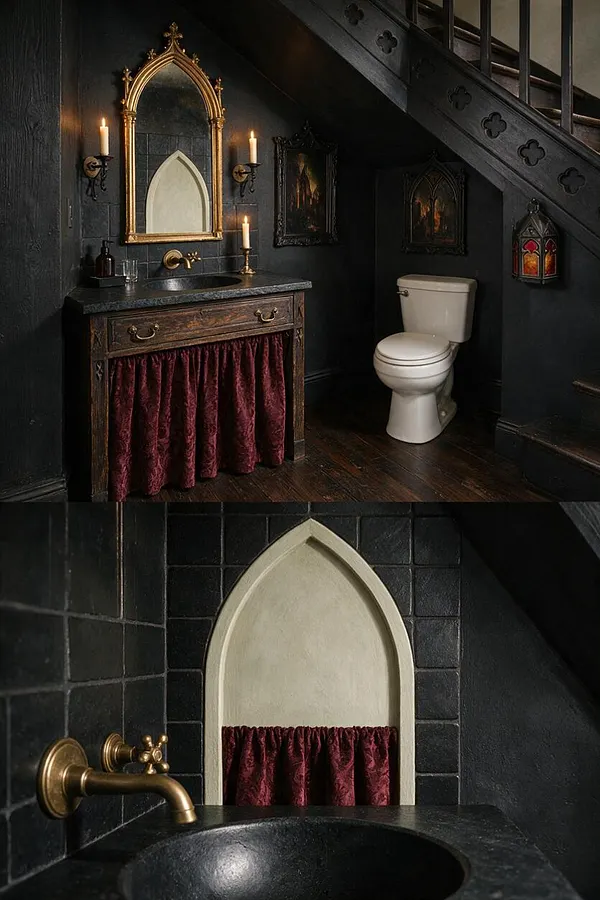 A dramatic Gothic powder room with black walls, a dark stone vanity, and a gold arched mirror above a black sink. Burgundy curtain panels hide the vanity front, while brass sconces with candles, framed artwork, and a small stained-glass lantern accent the space under a dark staircase. A white toilet contrasts with the moody palette.