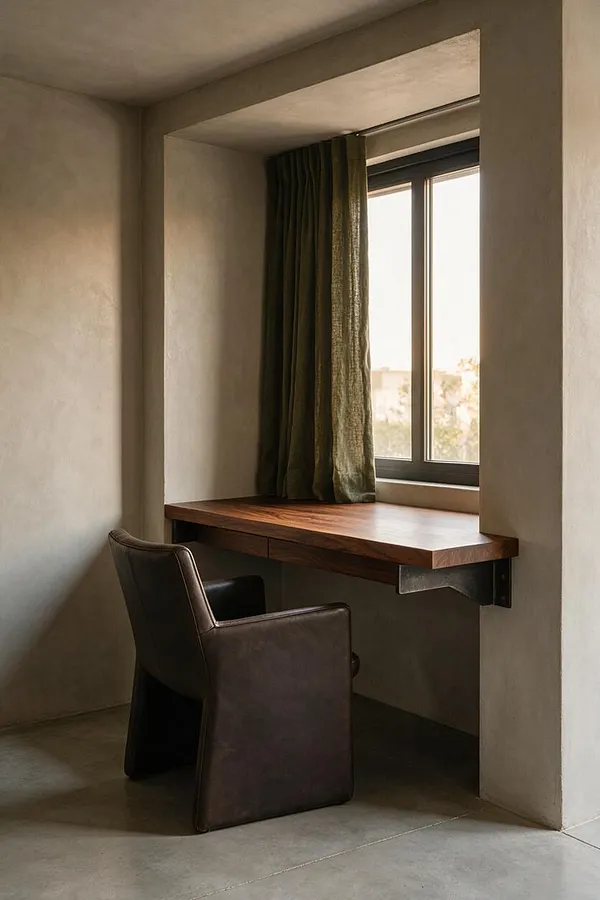 A compact home office nook with raw plaster walls, a thick wood desk built into a recessed window opening, dark green curtains, and a low dark leather chair. Soft daylight filters through the window, highlighting the muted, minimalist Brutalist aesthetic.