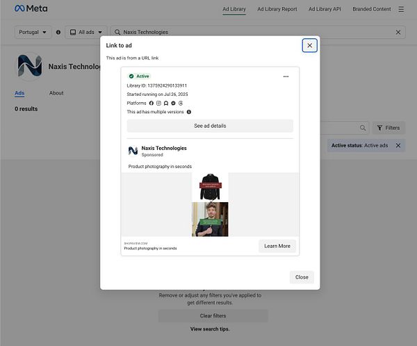 The image displays a Facebook Ads interface showing an active advertisement for NaXis Technologies.