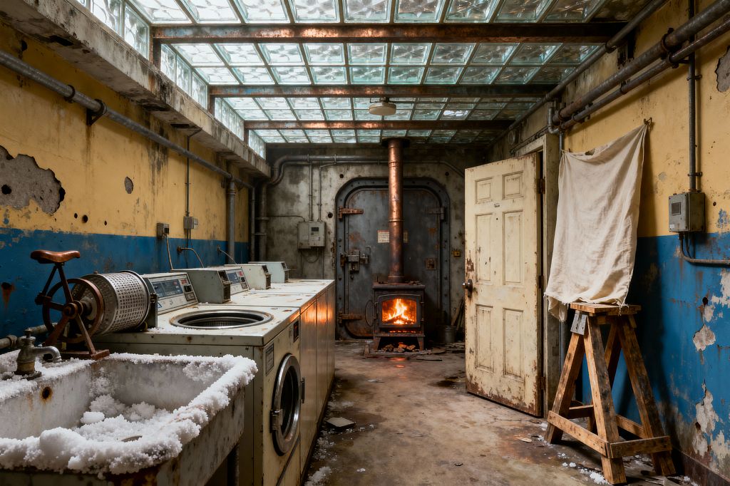 A dilapidated, bunker-like laundry room shows a row of dented commercial washers beside a crusted utility sink and a hand-cranked spinner. Peeling yellow-and-blue walls, exposed metal conduits, and a rusting glass-block ceiling frame a cast-iron wood stove glowing before a heavy steel door. A weathered wooden trestle holds a draped cloth for drying, while concrete floors scatter debris and frost, lit by cool daylight and the stove’s orange light.
